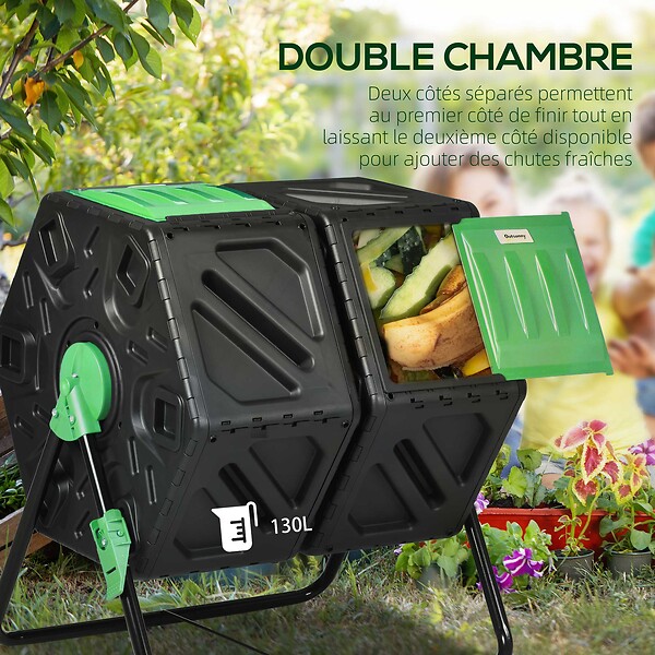 OUTSUNNY - Composteur de jardin - bac à  compost pour déchets - rotatif 360Â° - double chambre 130 L - acier PP vert noir - large