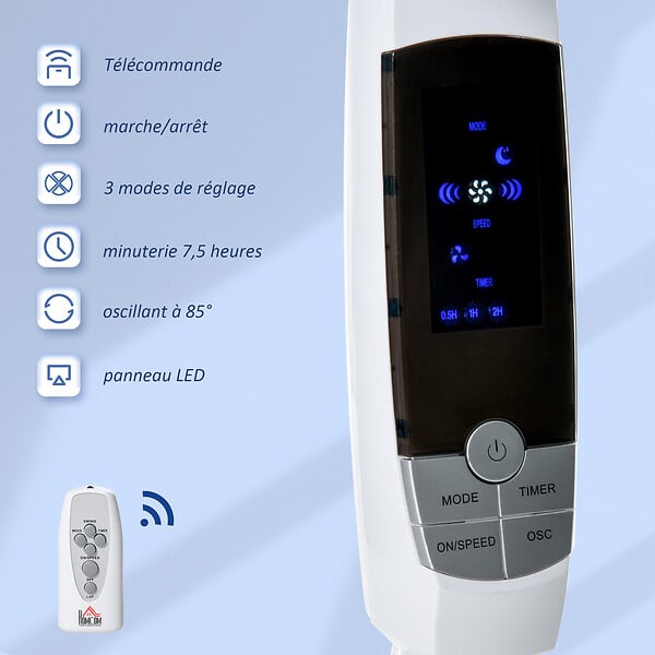 HOMCOM - Ventilateur sur pied Ø 45 cm hauteur réglable oscillant silencieux 50 W avec télécommande timer 3 modes 3 vitesses blanc - large