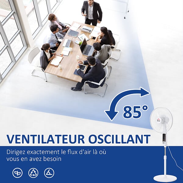HOMCOM - Ventilateur sur pied Ø 45 cm hauteur réglable oscillant silencieux 50 W avec télécommande timer 3 modes 3 vitesses blanc - large