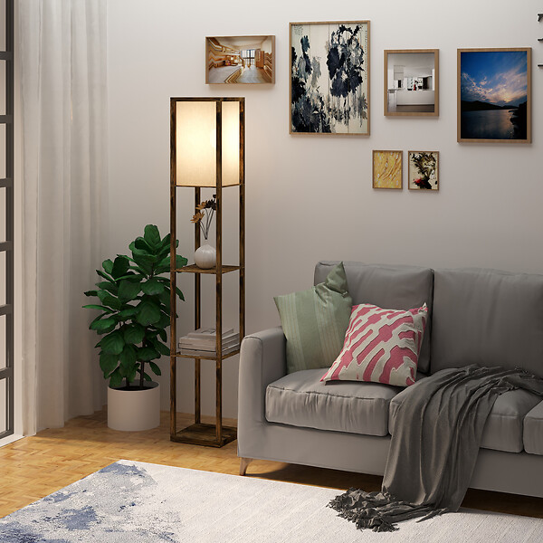 HOMCOM - Lampadaire étagère lampe étagère 26L x 26l x 160H cm 3 étagères 4 niveaux MDF aspect bois vieilli - large