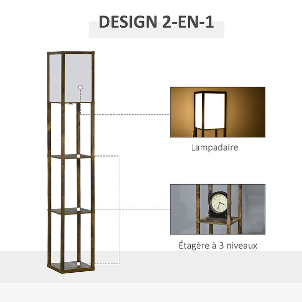 HOMCOM - Lampadaire étagère lampe étagère 26L x 26l x 160H cm 3 étagères 4 niveaux MDF aspect bois vieilli - large