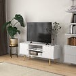 HOMCOM - Meuble TV style scandinave 2 portes 2 niches passe-fils pietement bois pin panneaux blanc - vignette