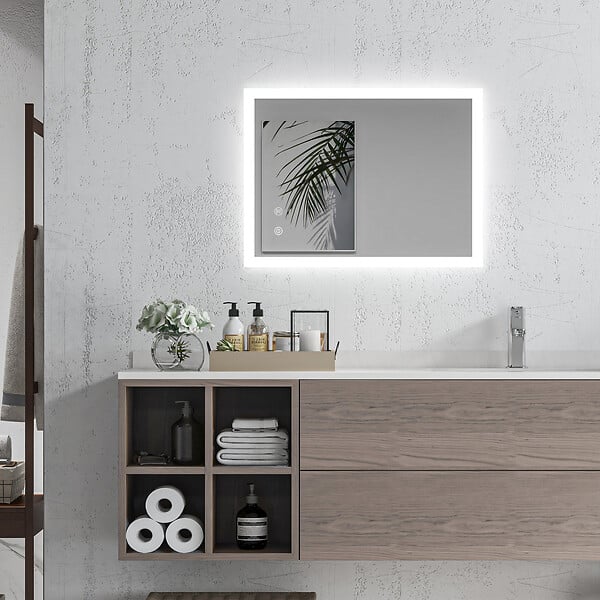 KLEANKIN - Miroir mural lumineux LED de salle de bain - 70L x 50l cm - avec 3 couleurs, luminosité réglable interrupteur tactile système antibuée transparent - large