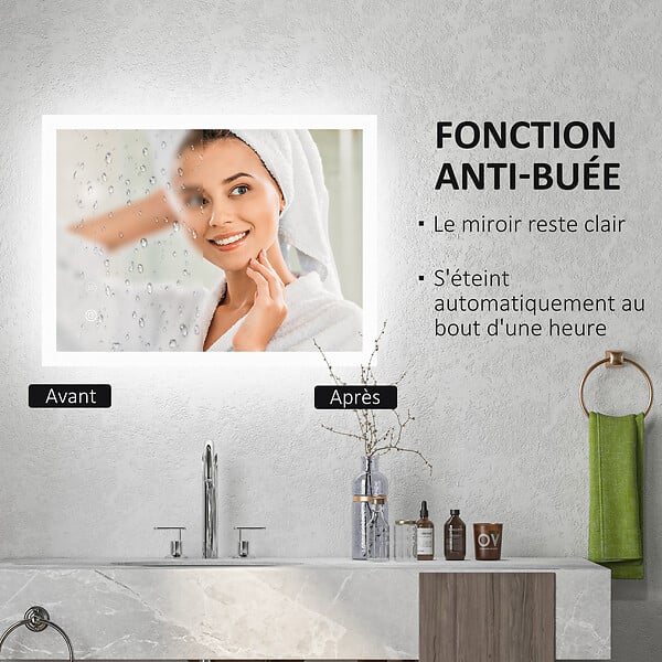 KLEANKIN - Miroir mural lumineux LED de salle de bain - 70L x 50l cm - avec 3 couleurs, luminosité réglable interrupteur tactile système antibuée transparent - large