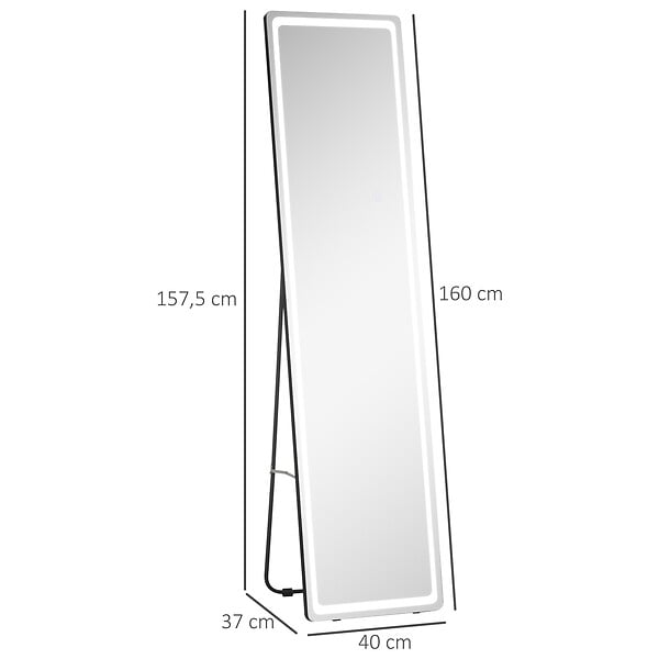 HOMCOM - Miroir LED sur pied ou mural au choix - intensité et couleur réglable - télécommande incluse - verre alu. noir - large