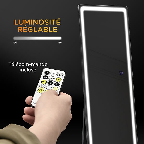 HOMCOM - Miroir LED sur pied ou mural au choix - intensité et couleur réglable - télécommande incluse - verre alu. noir - large