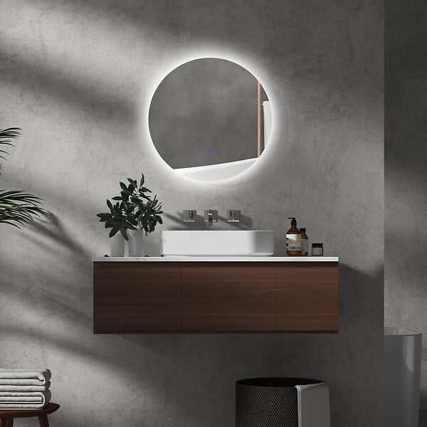 KLEANKIN - Miroir rond lumineux LED de salle de bain 60 cm avec éclairage interrupteur tactile système antibuée miroir mural LED à luminosité réglable 29 W gris - large