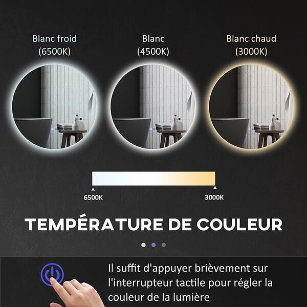 KLEANKIN - Miroir rond lumineux LED de salle de bain 60 cm avec éclairage interrupteur tactile système antibuée miroir mural LED à luminosité réglable 29 W gris - large