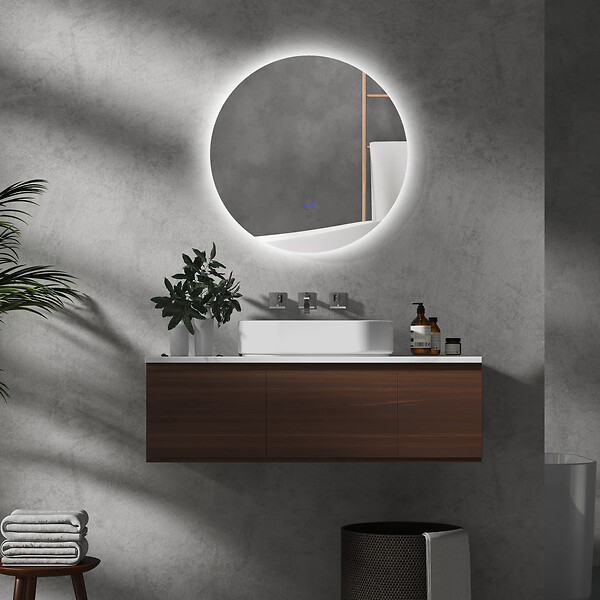 KLEANKIN - Miroir rond lumineux LED de salle de bain 70 cm avec éclairage interrupteur tactile système antibuée miroir mural LED à luminosité réglable 35 W gris - large