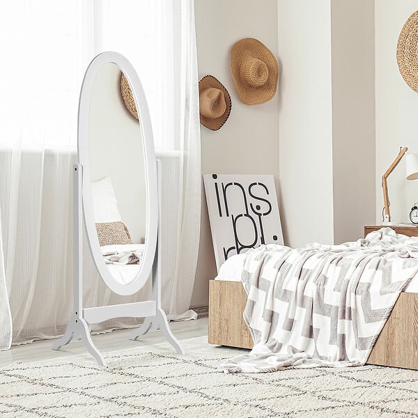 HOMCOM - Miroir à  pied ovale style shabby chic inclinaison réglable dim. 47L x 45l x 154H cm MDF blanc - large