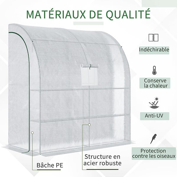 OUTSUNNY - Serre de jardin adossée serre adossée dim. 2L x 1l x 2,13H m 4 étagères 2 portes zippées 1 fenêtre acier PE haute densité blanc - large