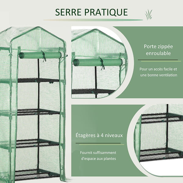 OUTSUNNY - Serre de jardin balcon étagère serre 4 niveaux 0,7L x 0,5l x 1,6H m acier galvanisé bâche amovible PE haute densité vert - large