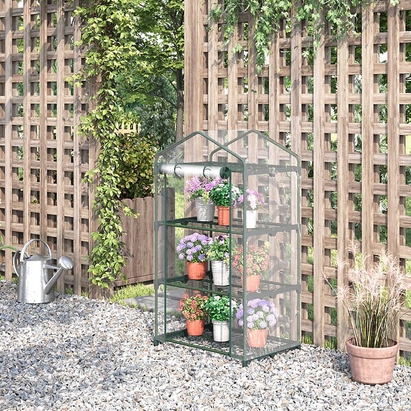 OUTSUNNY - Serre de jardin balcon étagère serre 3 niveaux dim. 69L x 49l x 125H cm métal thermolaqué vert PVC haute densité transparent - large