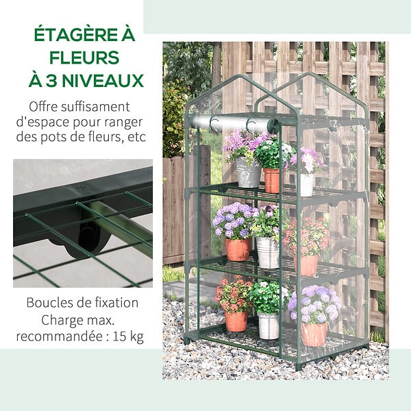 OUTSUNNY - Serre de jardin balcon étagère serre 3 niveaux dim. 69L x 49l x 125H cm métal thermolaqué vert PVC haute densité transparent - large
