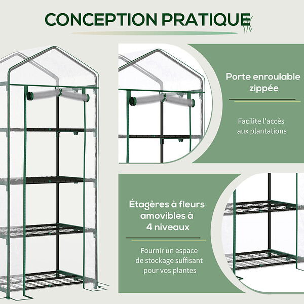 OUTSUNNY - Serre de jardin balcon étagère serre 4 niveaux 0,7L x 0,5l x 1,6H m acier époxy bâche amovible PVC haute densité transparente - large