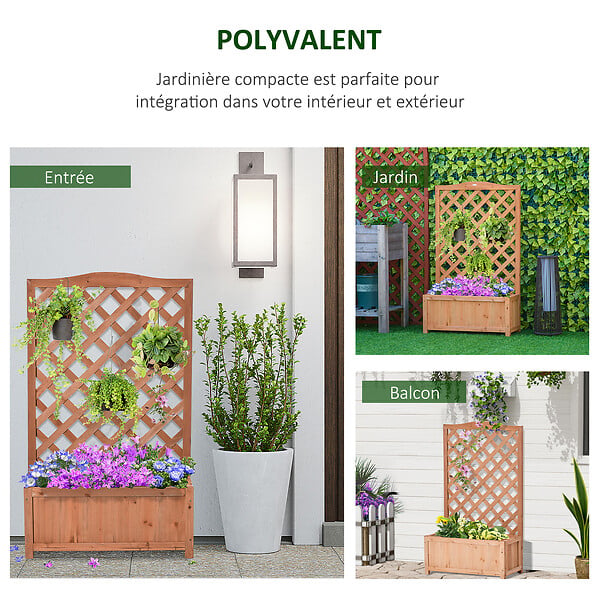 OUTSUNNY - Jardinière avec treillis - bac à fleurs - jardinière sur pied - dim. 70L x 28l x 117H cm - fond à lattes - bois sapin pré-huilé - large