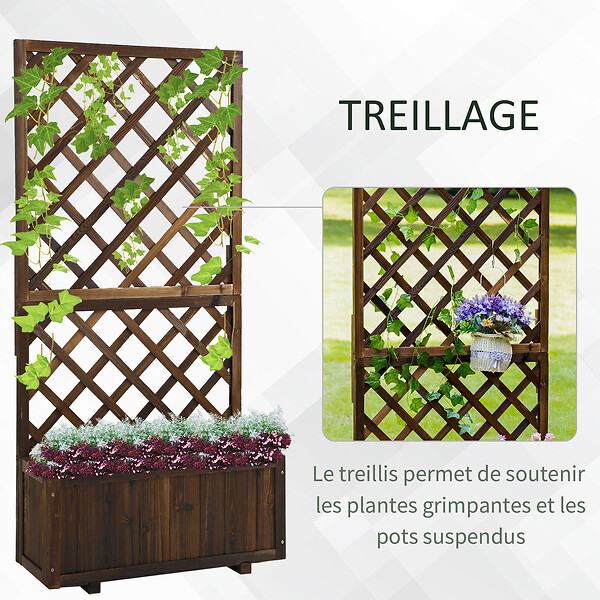 OUTSUNNY - Jardinière avec treillis - bac à  fleurs - jardinière sur pied - dim. 72,5L x 31,5l x 149,5H cm inserts d'irrigation inclus bois sapin traité carbonisation - large