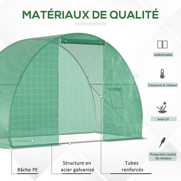 OUTSUNNY - Serre de jardin tunnel surface sol 4,5 mÂ² dim. 3L x 1,5l x 2H m châssis tubulaire renforcé porte zippée 2 fenêtres enroulables vert - large