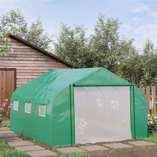 OUTSUNNY - Serre tunnel de jardin grande taille dim. 3,47L x 3l x 2H m - 6 fenêtres et porte zippée enroulable - acier galvanisé PE haute densité vert - large