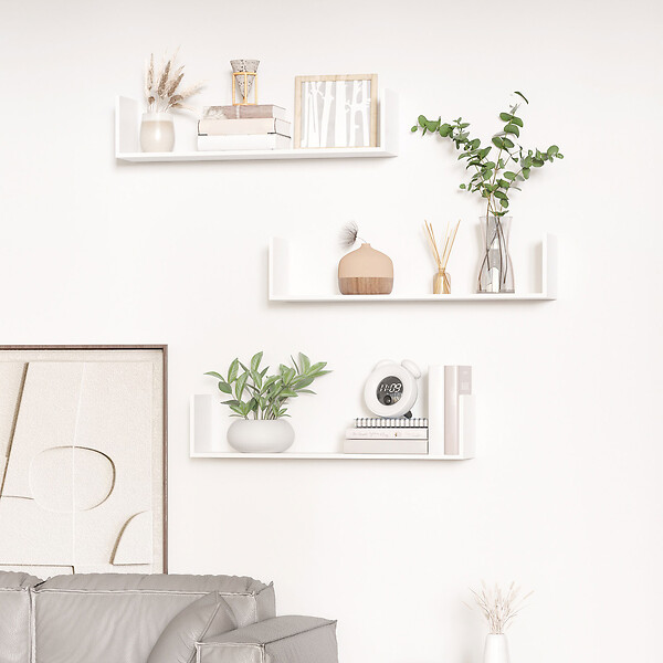 HOMCOM - Lot de 3 étagères murales flottantes - dim. 80L x 18l x 18H cm - kit complet de fixation inclus - MDF grain de bois blanc - large