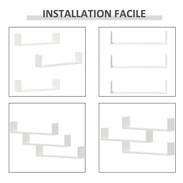 HOMCOM - Lot de 3 étagères murales flottantes - dim. 80L x 18l x 18H cm - kit complet de fixation inclus - MDF grain de bois blanc - large