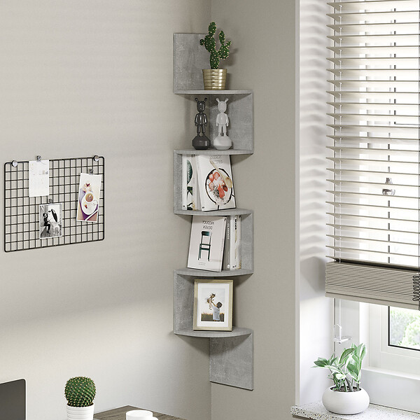 HOMCOM - Étagère d'angle étagère de rangement design contemporain zig zag 20L x 20l x 126H cm 5 niveaux panneaux de particules gris - large