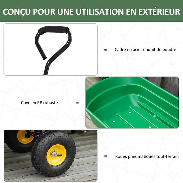 OUTSUNNY - Chariot de jardin à main benne basculante 75° 75L charge max. 200 Kg 4 roues pneumatiques acier PP jaune vert - large