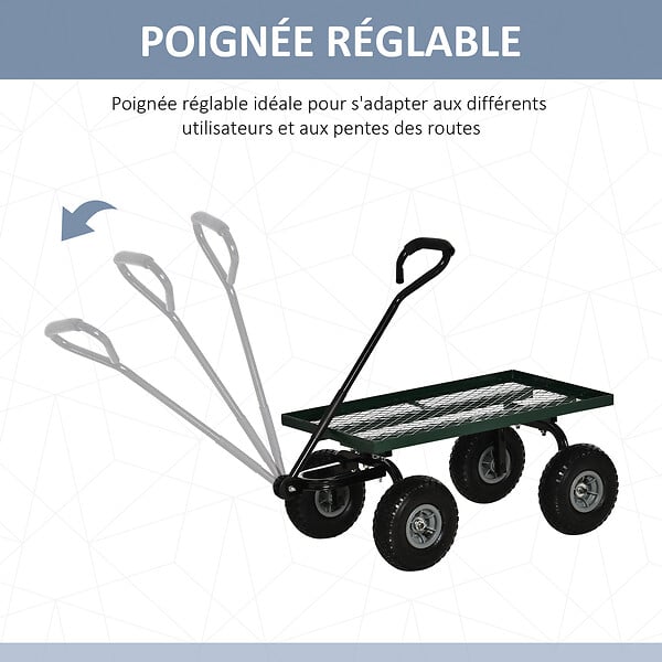 OUTSUNNY - Chariot de transport jardin remorque à main charrette à bras 4 roues 94L x 48,5l x 100H cm charge max. 150 Kg métal vert - large