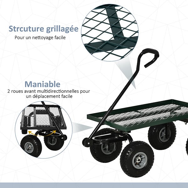 OUTSUNNY - Chariot de transport jardin remorque à main charrette à bras 4 roues 94L x 48,5l x 100H cm charge max. 150 Kg métal vert - large