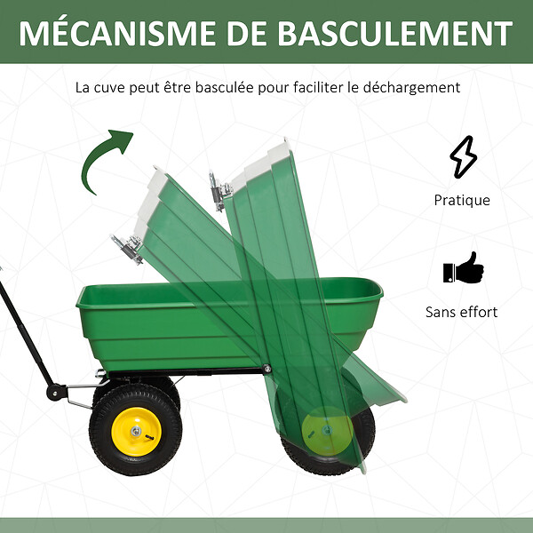 OUTSUNNY - Chariot de jardin à main benne basculante 75° 125L charge max. 200 Kg 4 roues pneumatiques acier PP jaune vert - large