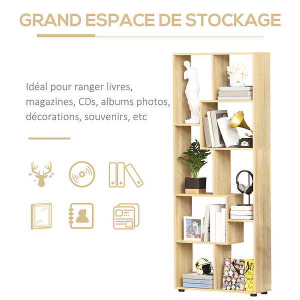 HOMCOM - Bibliothèque étagère meuble de rangement dim. 70L x 24l x 178H cm en zigazag et 8 espaces en panneau de particules naturel - large