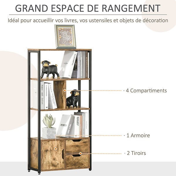 HOMCOM - Bibliothèque style industriel 3 étagères placard porte 2 tiroirs panneaux particules aspect vieux bois acier noir - large