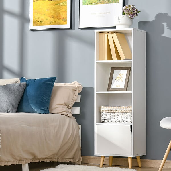 HOMCOM - Meuble de rangement colonne design scandinave - 3 niches, placard porte - piètement effilé incliné bois pin panneaux particules blanc - large