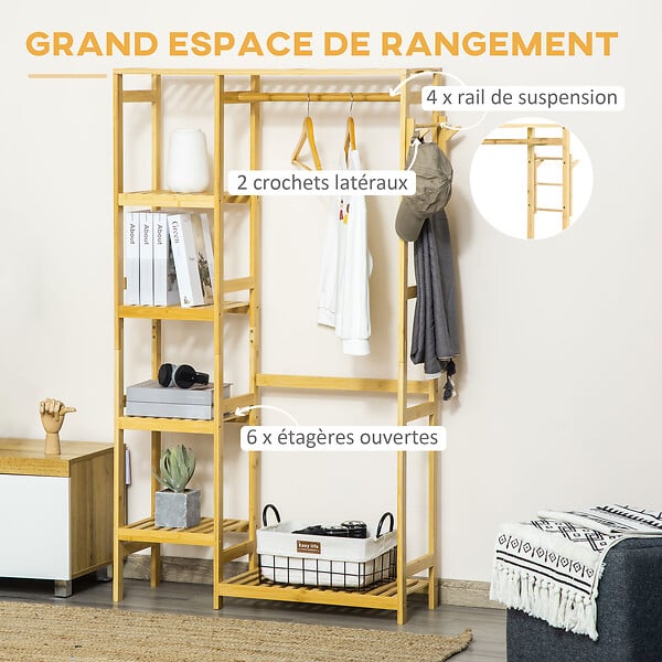 HOMCOM - Penderie porte-manteaux - 5 étagères, espace penderie, 2 patères - dim. 90L x 30l x 155H cm - bois bambou - large