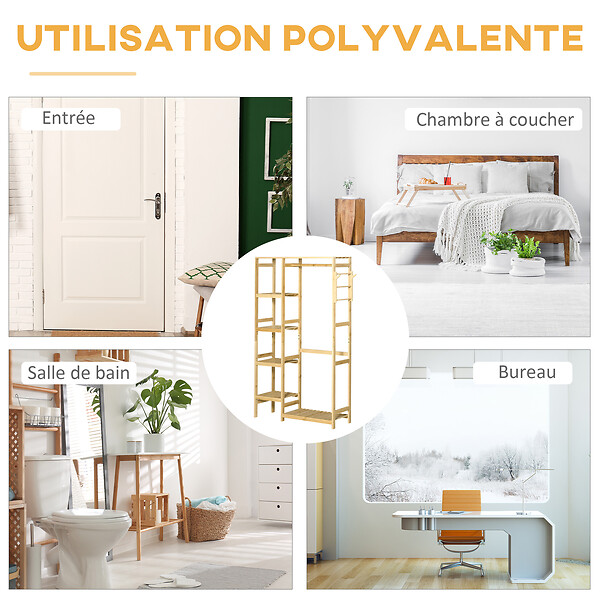 HOMCOM - Penderie porte-manteaux - 5 étagères, espace penderie, 2 patères - dim. 90L x 30l x 155H cm - bois bambou - large