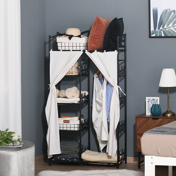 HOMCOM - Armoire penderie multi-rangement - 5 étagères - dim. 84L x 42l x 158,5H cm - métal noir motif fleurs 2 rideaux blanc - large