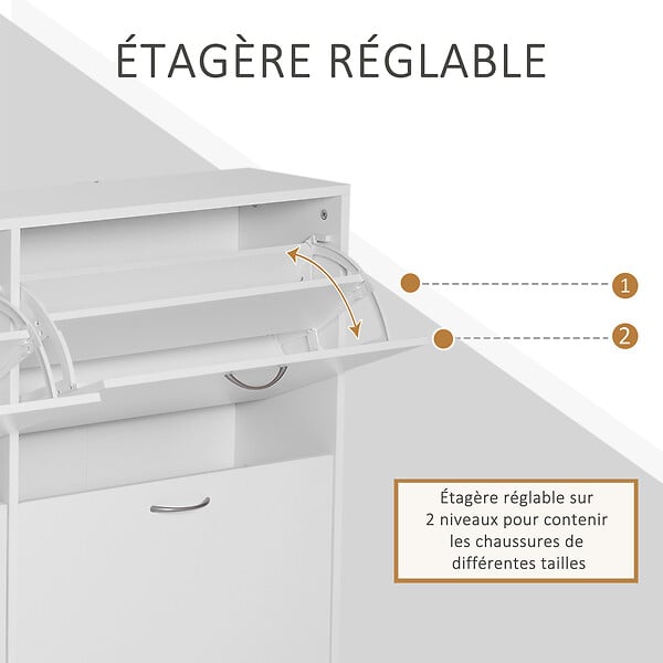 HOMCOM - Armoire à  chaussures meuble à  chaussures grande taille dim. 120L x 24l x 81H cm  4 portes abattantes double niveau panneaux particules blanc - large