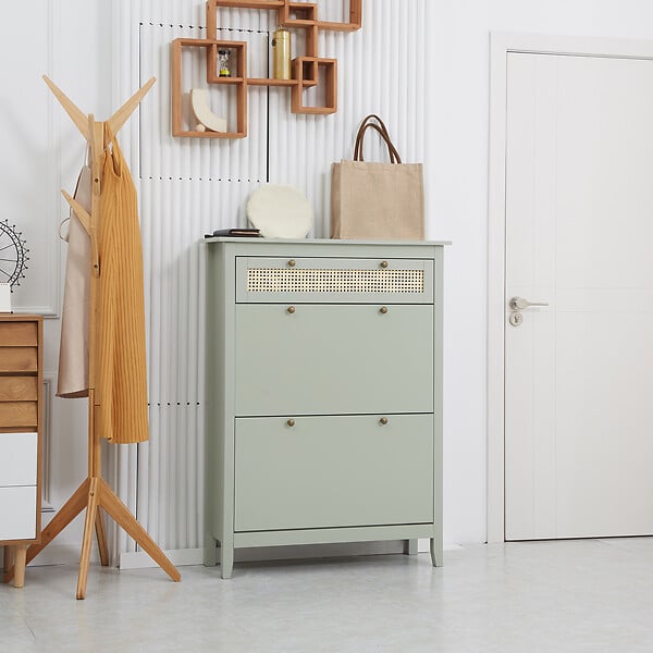 HOMCOM - Meuble à chaussures style bohème chic - 2 portes abattantes 2 étagères réglables tiroir - MDF vert d'eau aspect rotin - large