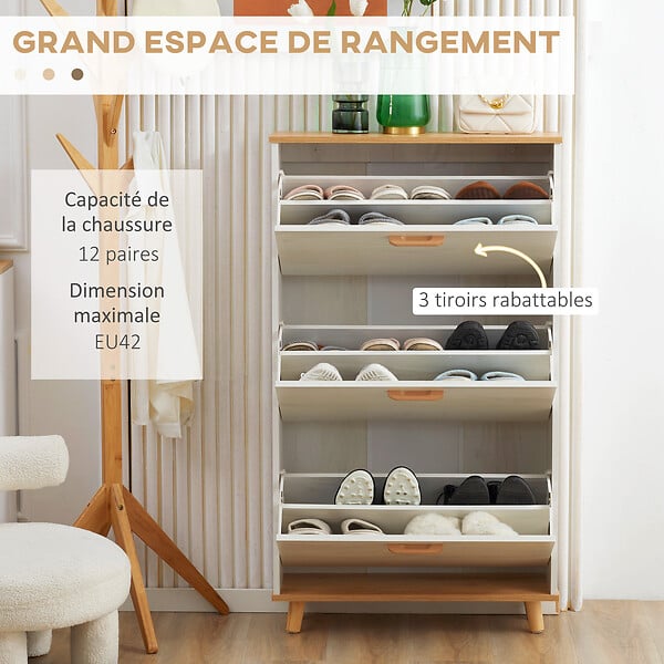HOMCOM - Meuble à chaussures design scandinave 3 portes abattantes 3 étagères réglables bois pin panneaux blanc - large