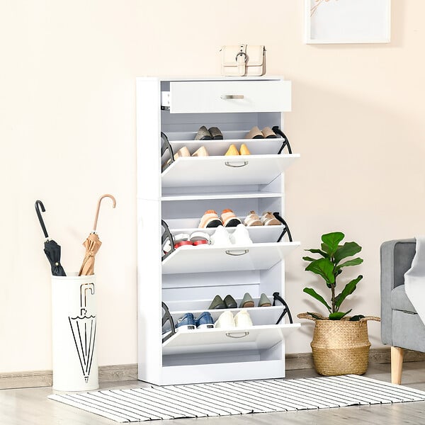 HOMCOM - Meuble à chaussures - 3 portes abattantes et tiroir coulissant - dim. 62L x 24l x 135H cm - poignées alu. panneaux particules blanc - large
