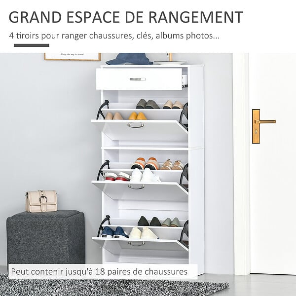 HOMCOM - Meuble à chaussures - 3 portes abattantes et tiroir coulissant - dim. 62L x 24l x 135H cm - poignées alu. panneaux particules blanc - large
