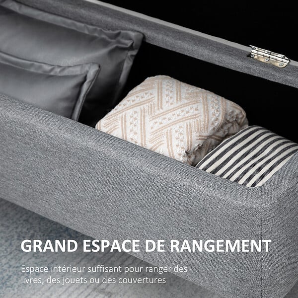 HOMCOM - Banc coffre de rangement 2 en 1 dim. 102L x 40l x 39H cm piètement acier noir tissu gris - large