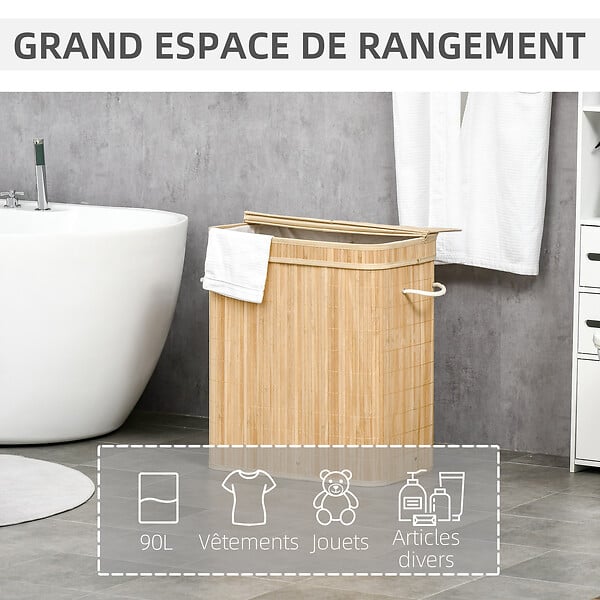 HOMCOM - Panier à linge corbeille à linge bac à linge 100 L 2 compartiments couvercle sac amovible 2 poignées tissu bambou - large