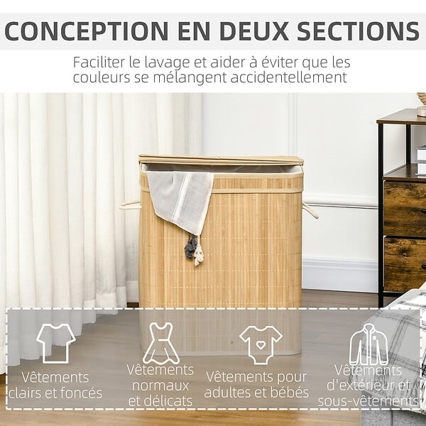 HOMCOM - Panier à linge corbeille à linge bac à linge 100 L 2 compartiments couvercle sac amovible 2 poignées tissu bambou - large