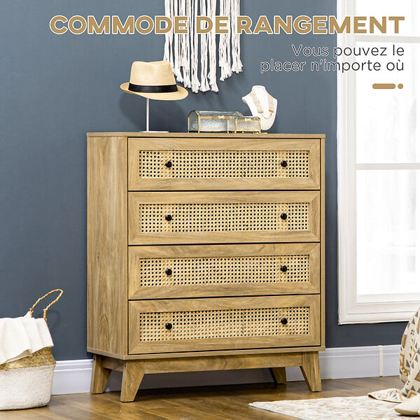 HOMCOM - Commode 4 tiroirs style bohème chic cannage en rotin aspect bois de manguier - large