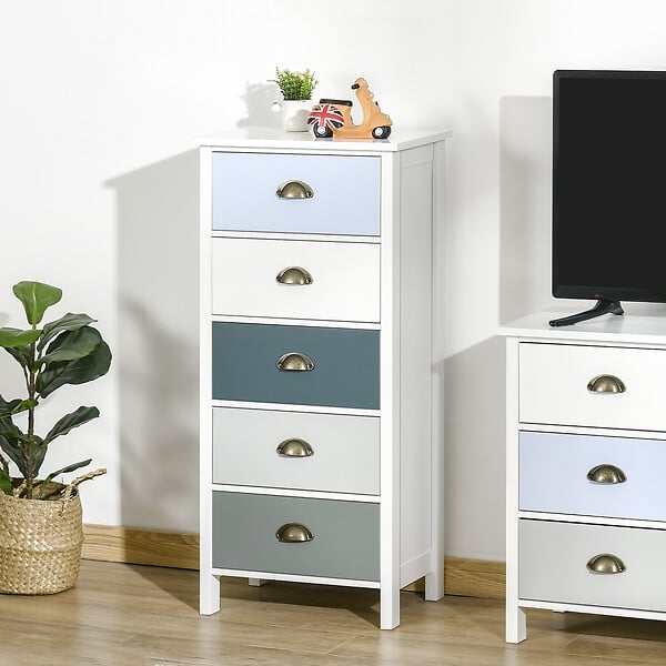 HOMCOM - Meuble de rangement chiffonnier style néo-rétro 5 tiroirs poignées coquilles MDF blanc bleu gris - large