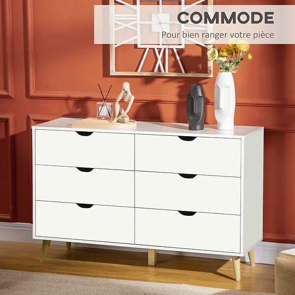 HOMCOM - Commode 6 tiroirs design scandinave piètement effilé incliné bois pin panneaux blanc - large