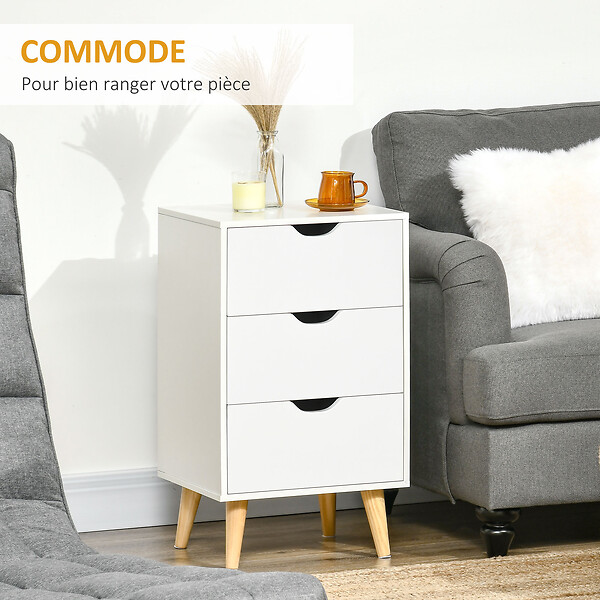 HOMCOM - Meuble de rangement chiffonnier 3 tiroirs design scandinave piètement effilé incliné bois pin panneaux blanc - large