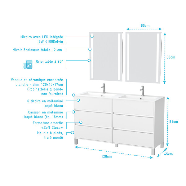 AURLANE - Meuble Salle de Bains 120 cm Laqué Blanc 6 Tiroirs, Vasque, Miroirs 60x80 à Leds intégrées - XENOS - large