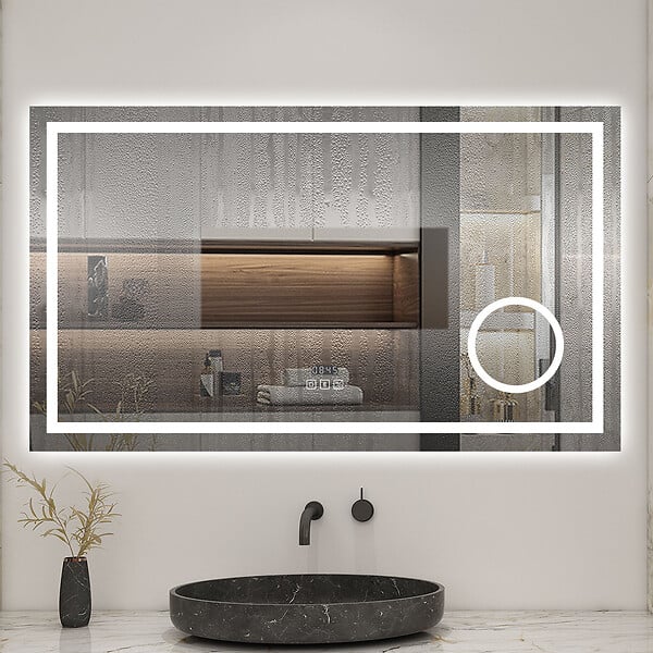 AICA SANITAIRE - Miroir de salle de bain lumineux 80x60cm, Bluetooth + Loupe + Horloge + Anti-buée + Luminosité ajustable Miroir multifonctions - large